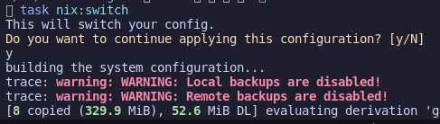 Screenshoft of nixos warning of disabled backups
